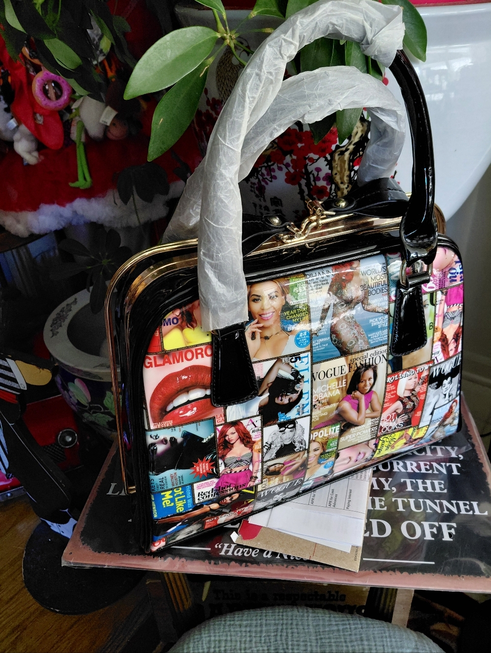 Colorful Magazine Collage Satchel Handbag - Black Trim